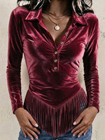 Velvet Long-sleeve Shirt With A Fold-over Collar, Partial Button Placket, Tassels, And A Cinched Waist