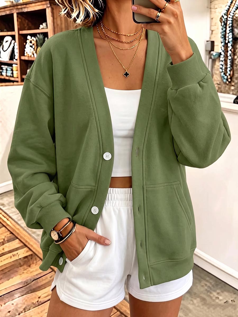 Women's Solid Color V-neck Long-sleeved Casual Loose Cotton Cardigan