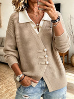 Elegant And Refined Knit Top With A Contrasting-color Collar And Traditional Chinese-style Button Closures (pankou)