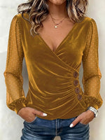 Elegant Velvet Fitted Top With Spliced chiffon Sleeves
