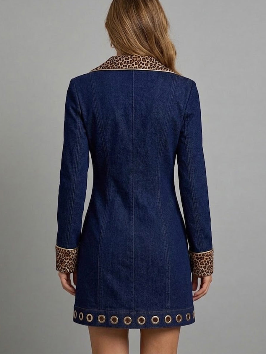 Leopard-print Collared Double-breasted Denim Dress