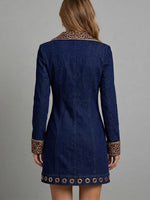 Leopard-print Collared Double-breasted Denim Dress