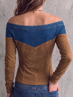Women's Hollow-out Denim Off-the-shoulder Patchwork Faux Suede Long-sleeved Casual Loose Top