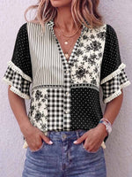 Women's Geometric Floral Patchwork Print Collared Short-sleeve Casual Loose Cotton Linen Shirt