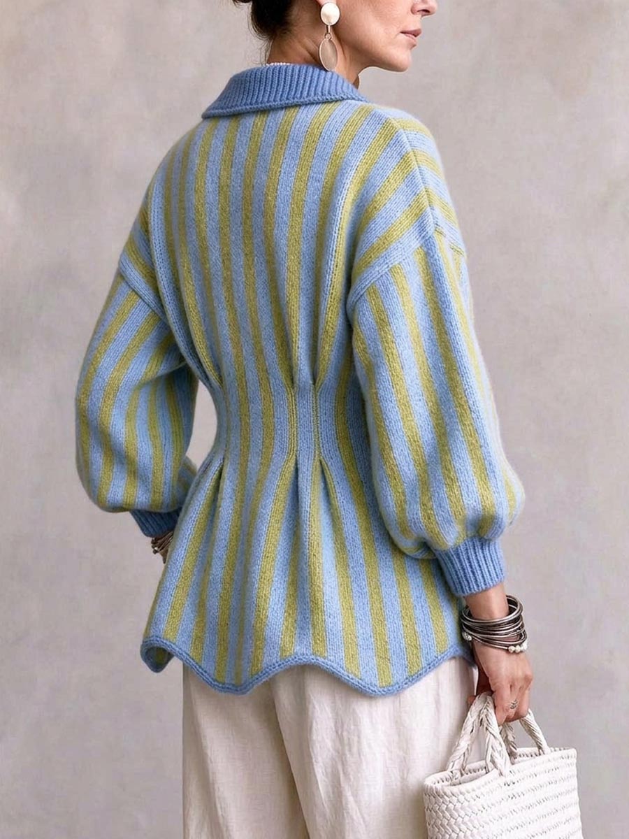 Women's Striped Peplum Cardigan with Oversized Buttons