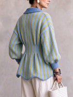 Women's Striped Peplum Cardigan with Oversized Buttons
