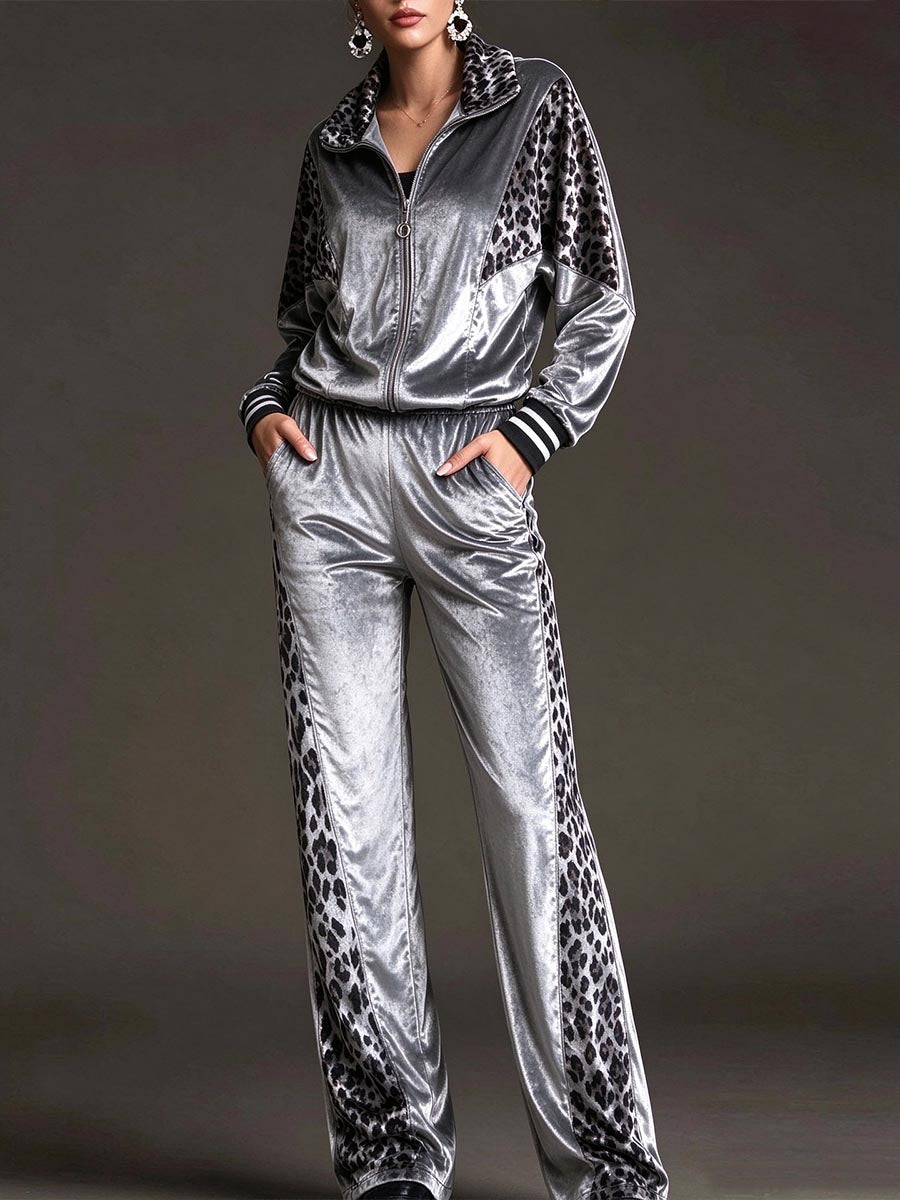 Women's Velvet Tracksuit Set With Leopard Print Paneling