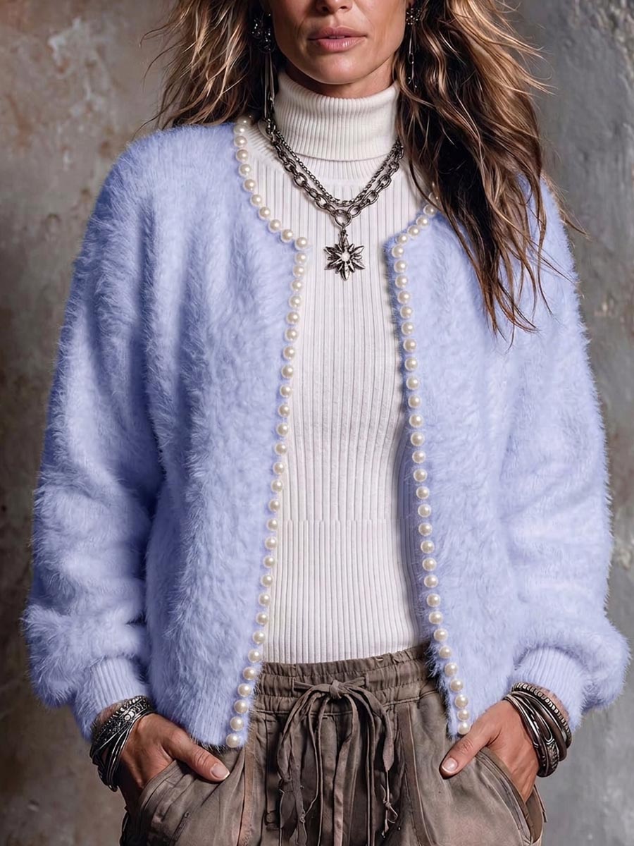 Women's Solid Color Round Neck Long Sleeve Beaded Casual Loose Knit Cardigan
