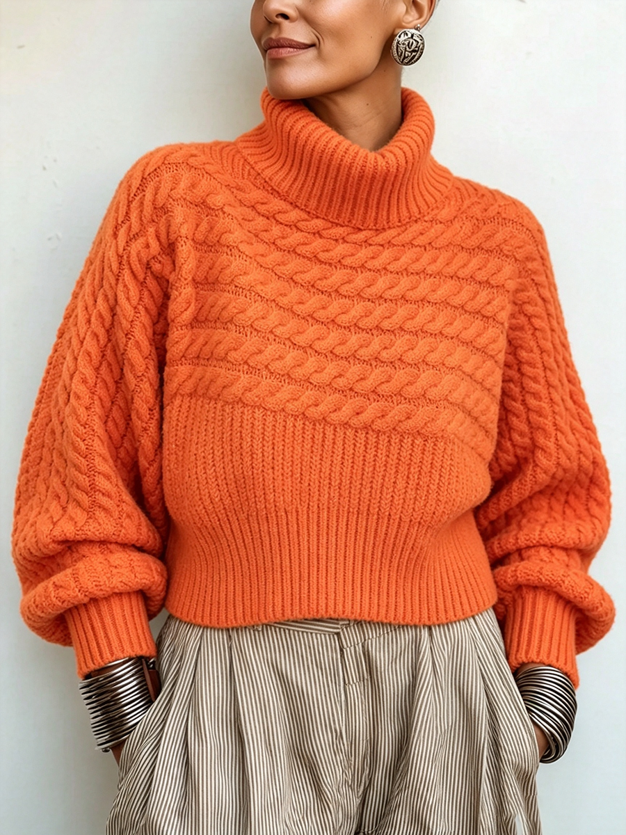 Cozy Vibrant Orange Cable-knit Turtleneck Sweater