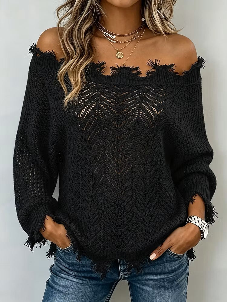 Exquisite Off-shoulder Cut-out Knit Top With Raw Edges