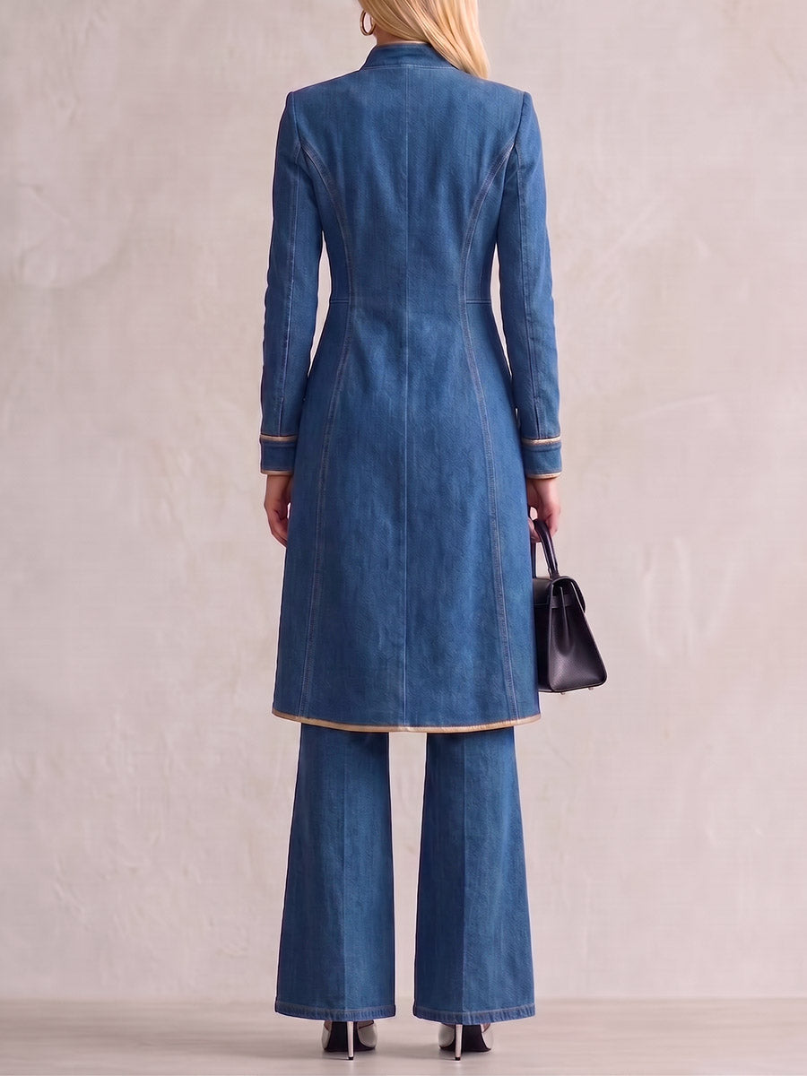 Women's Stand Collar Long Sleeve Casual Loose Denim Long Jacket