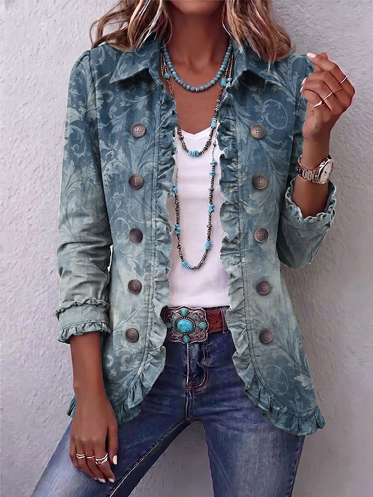 Bohemian-style Gradient Vintage Scroll-print Ruffled Jacket