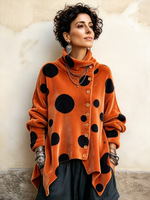 Stylish Asymmetrical Buttons Polka Dot Velvet Top