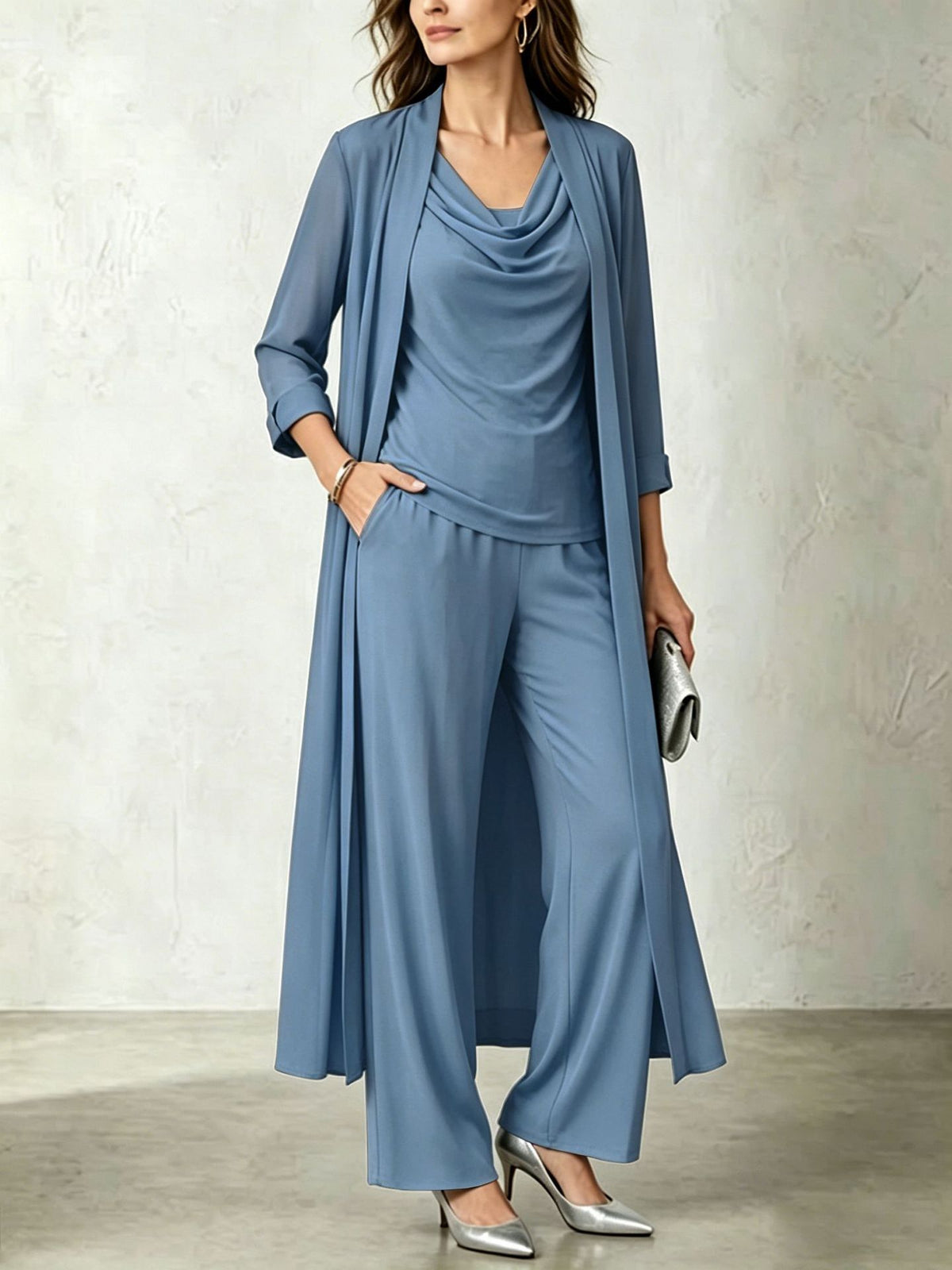 Chic Slate Blue Cowl-neck Top, Duster Cardigan & Flowing Wide-leg Pants
