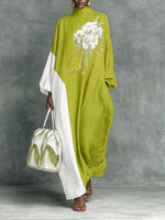 Elegant Chartreuse & White Mock-neck Oversized Floral Print Maxi Dress
