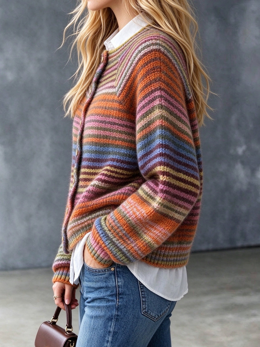 Chic Rainbow-striped Chunky-knit Cardigan