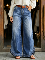 Chic Wide-leg Ruffled Hem Stretch Denim Pants