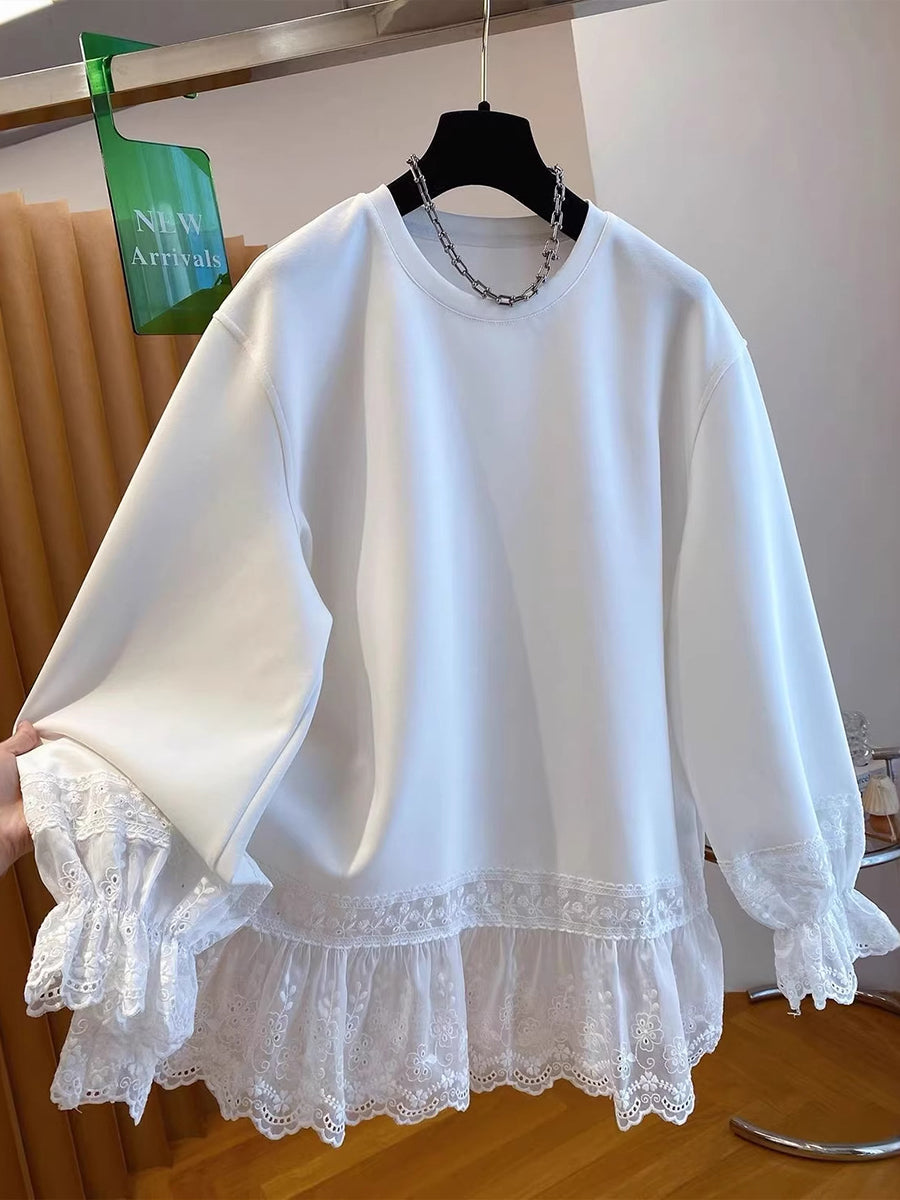 Casual Loose Sweatshirt With Lace Paneling