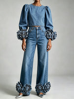 Stylish Casual Denim Jeans With 3d Floral Details
