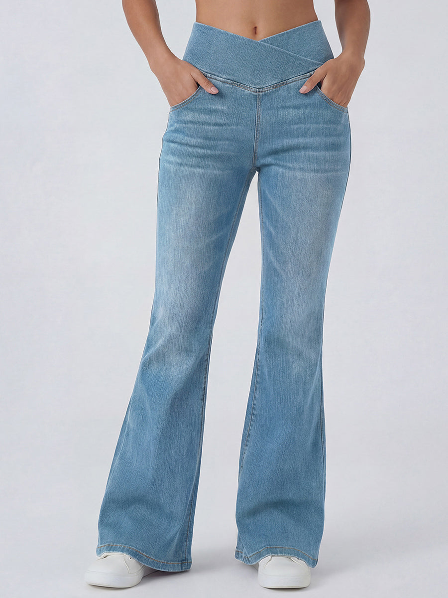 Trendy Crossover Waist High Stretch Flared Jeans