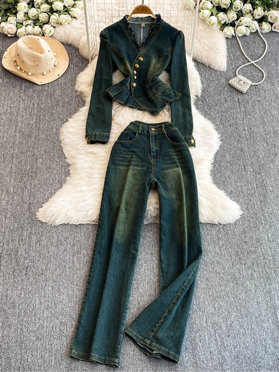 Vintage-style Ruffled Denim Top And Pants Two-piece Set