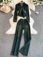 Vintage-style Ruffled Denim Top And Pants Two-piece Set