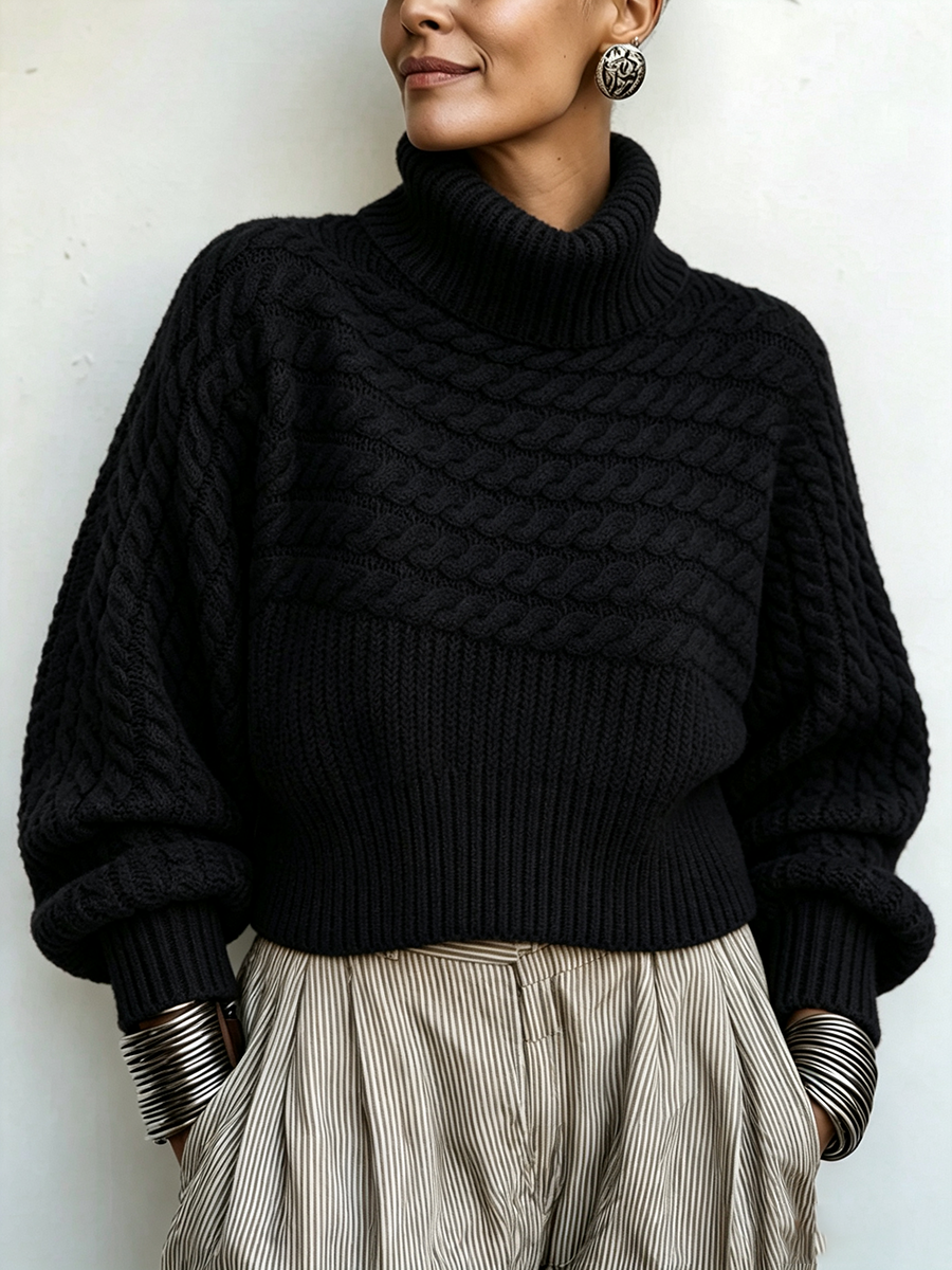 Cozy Vibrant Orange Cable-knit Turtleneck Sweater