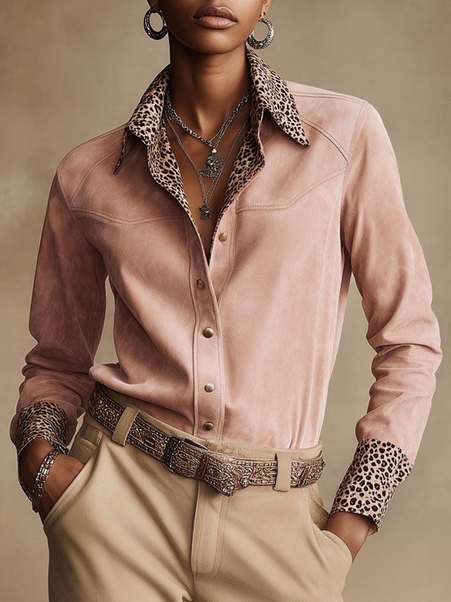 Chic Leopard-print Paneled Faux-suede Shirt