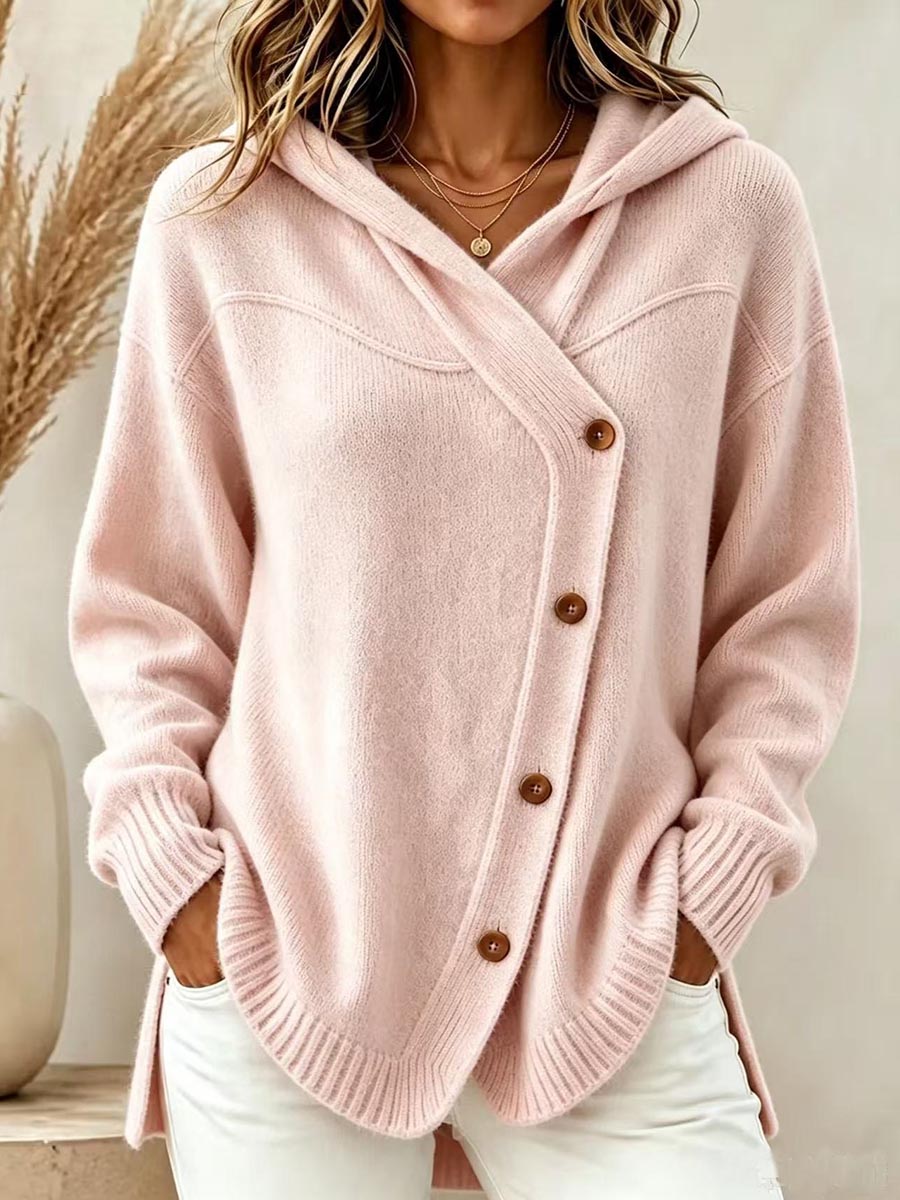 Women's Solid Color V-neck Long-sleeve Casual Loose Hooded Knit Cardigan