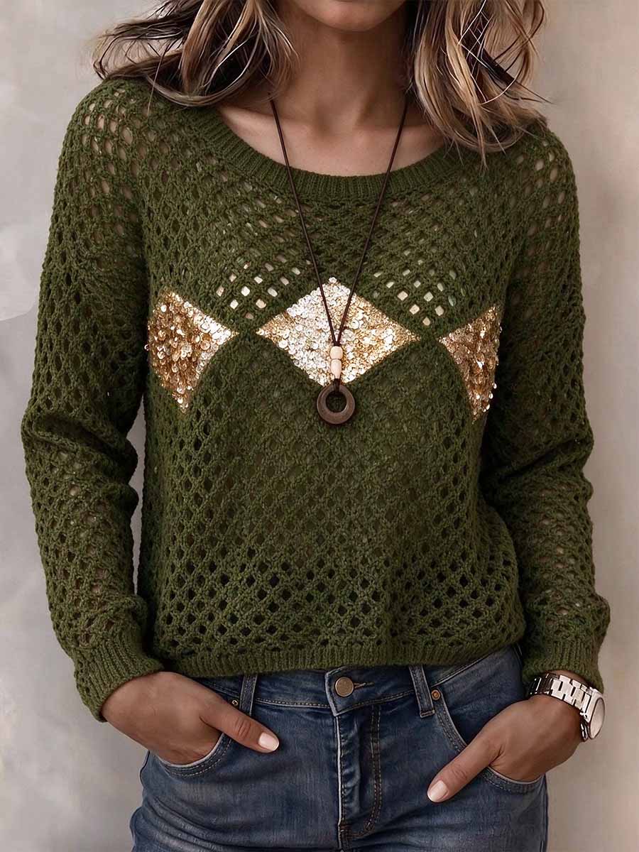 Women's Olive Green Hollow Out Crochet Sweater With Sequin Diamonds