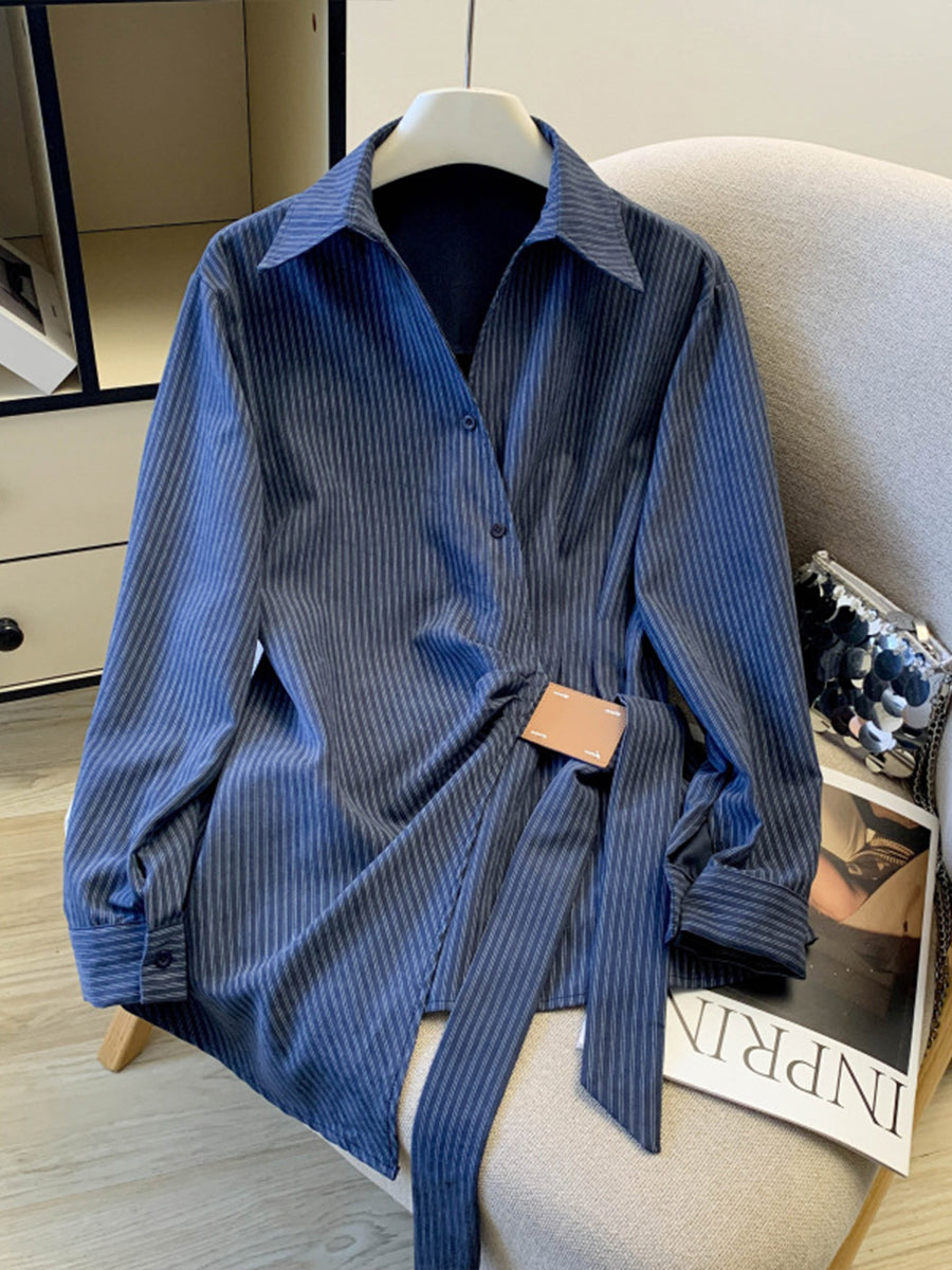 Chic Casual Striped Cotton Shirt With Tie-front Detail