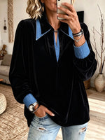 Chic Contrast-Trim Velvet Blouse