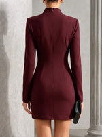Long-sleeve, Slim-fit Mini Dress Featuring A Mock Neck And Decorative Gold Buttons On The Side