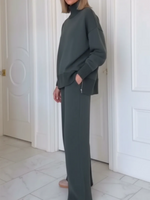 Casual Travel Stand Collar Side Zipper Top Straight Pants Two-Piece Set