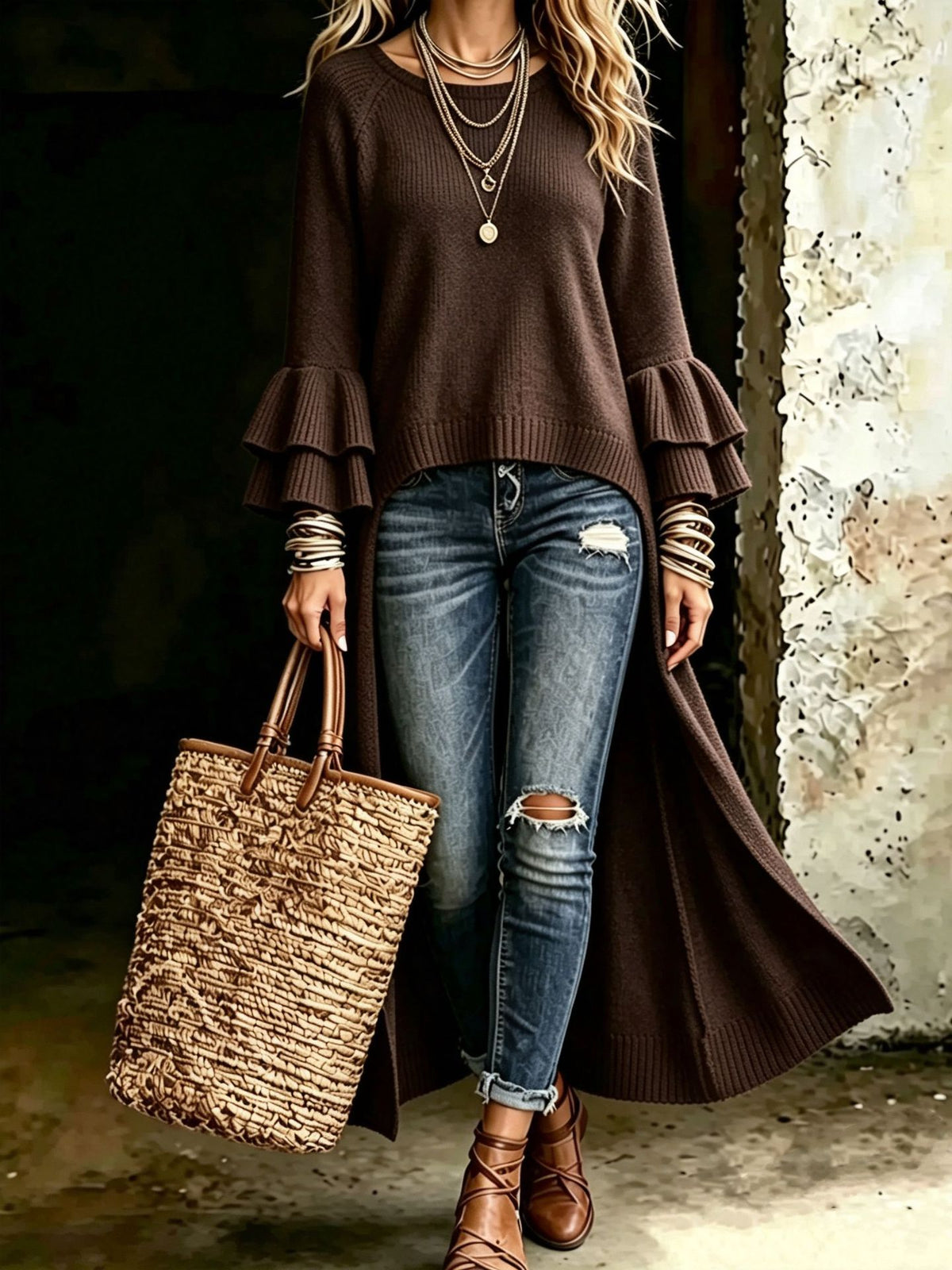 Chic Long-line Knitted Cardigan With Multi-layered Ruffled Sleeves