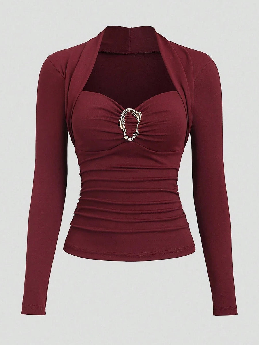 Stylish Casual Burgundy Long-sleeve Knit Top With Heart-shaped Neckline