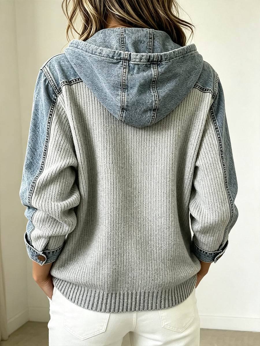 Casual Denim-Spliced Ribbed Knit Hooded Cardigan