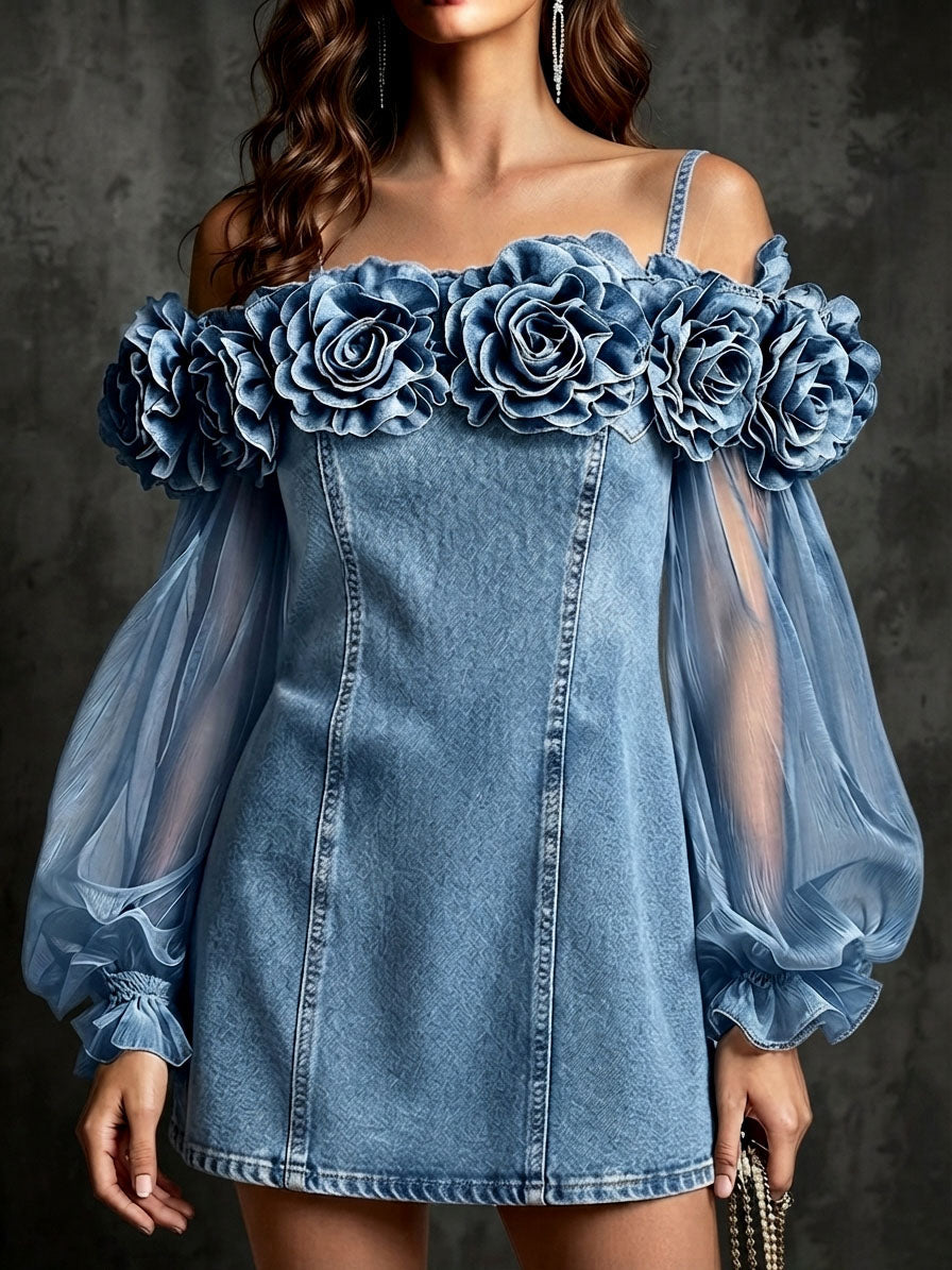 Romantic Three-dimensional Floral Denim Mini Dress
