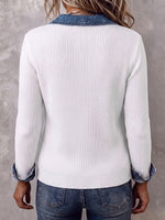 Chic Denim-Trim Asymmetrical Ribbed Knit Top