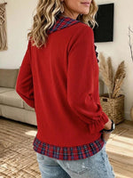 Women's Ribbed Henley Top with Plaid Accents