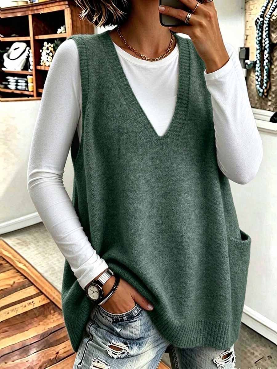 Women's Oversized V-neck Knit Sweater Vest With Pockets