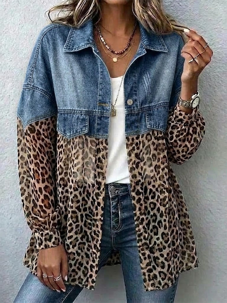 Denim Spliced Leopard Chiffon Lapel Long Sleeve Jacket