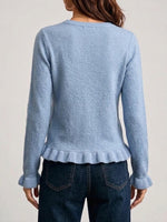 Solid-color Crew-neck Long-sleeve Knit Sweater With Ruffle Details