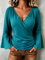 Elegant V-neck Flared Sleeve Stretch Shirt Blouse