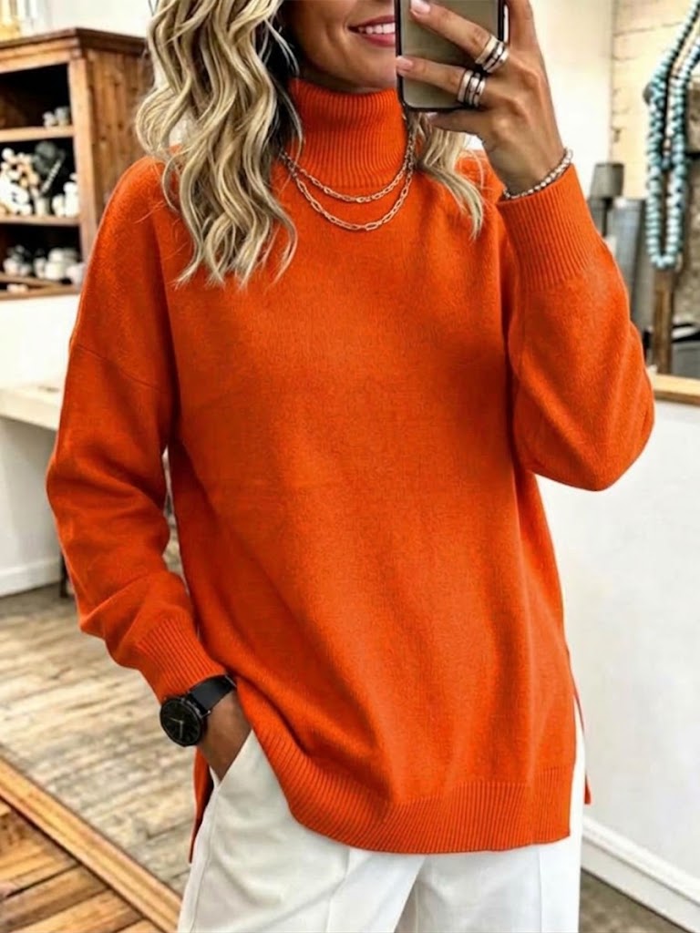 High-neck, Side-slit, Loose-fit Knitted Sweater