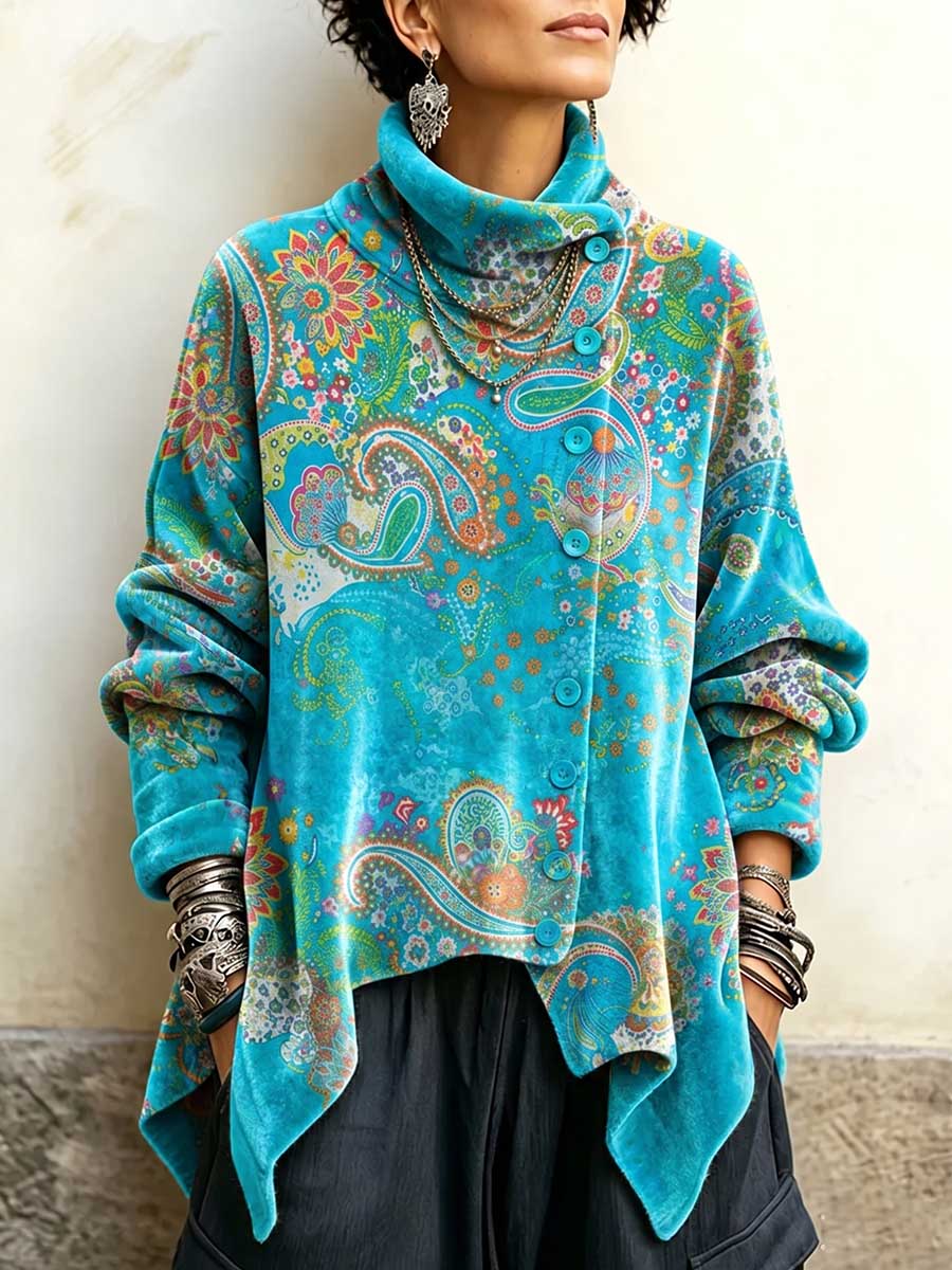 Women's Vintage Print High-neck Long-sleeve Loose-fit Velvet Top