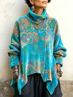 Women's Vintage Print High-neck Long-sleeve Loose-fit Velvet Top