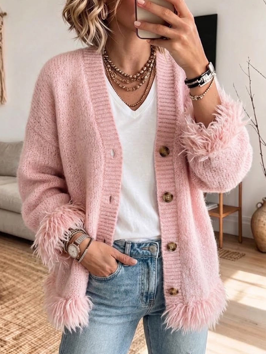 V-neck Loose-fit Knit Cardigan With Fuzzy Fringe Trim