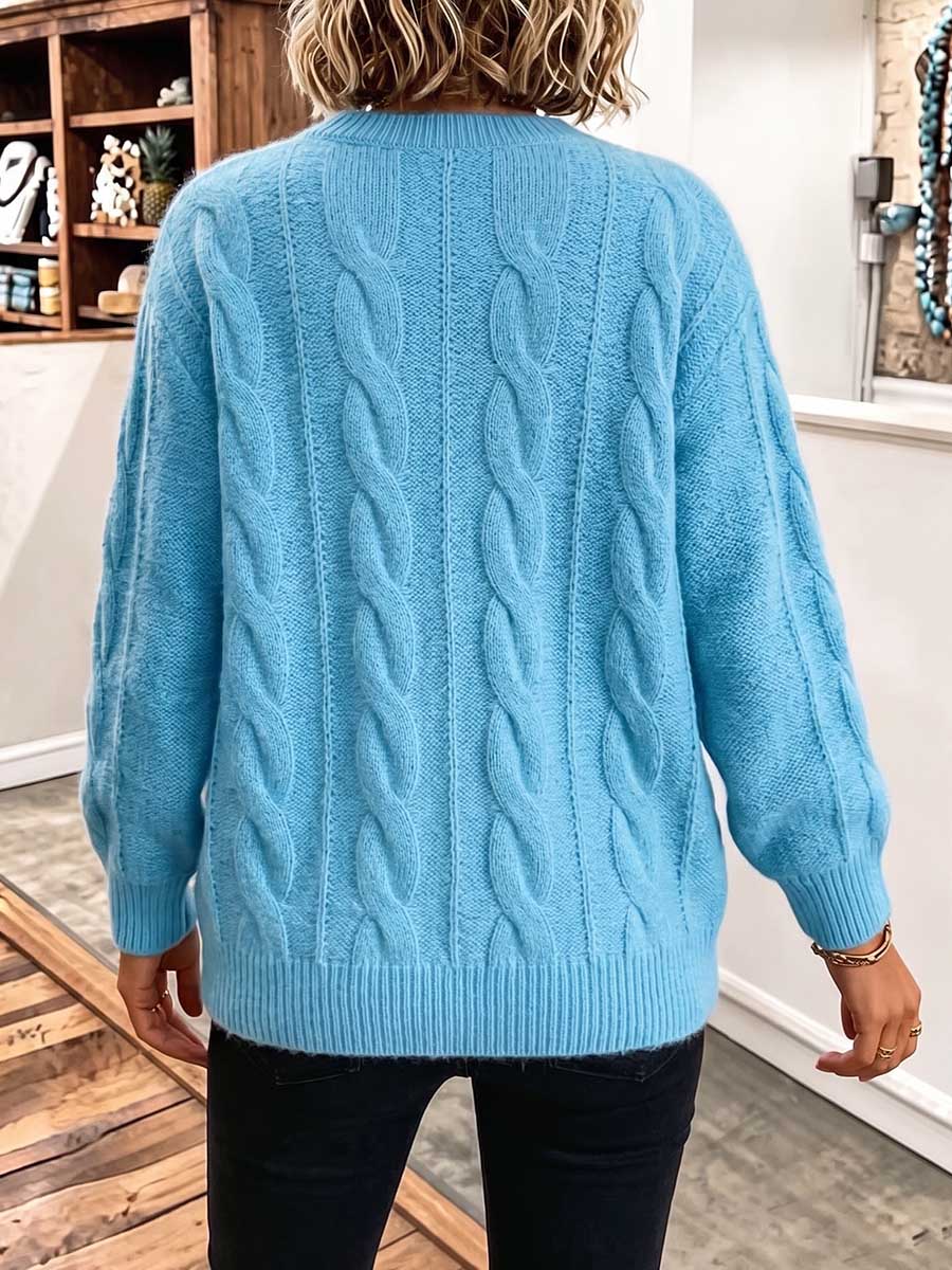 Women's Solid Color Round Neck Long Sleeve 3d Cable Knit Casual Loose Pullover Knit Sweater