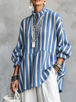 Women's Striped Peplum Knit Tunic Top with Ruffle Collar